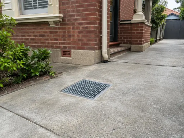 Clean outdoor drain grate set in a concrete driveway beside a brick house in Coogee