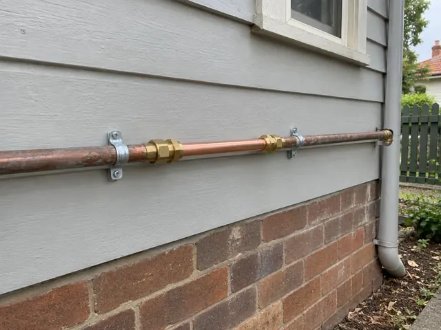 Repaired copper water pipe on an exterior weatherboard wall above a brick base in Kensington