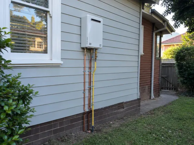 Wall-mounted hot water system with copper and gas lines beside a weatherboard house in Maroubra